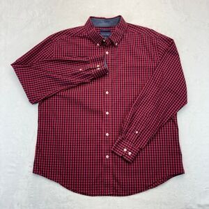 Mason James Mens Large Red Navy Blue Plaid Stretch Button Down Shirt Long Sleeve